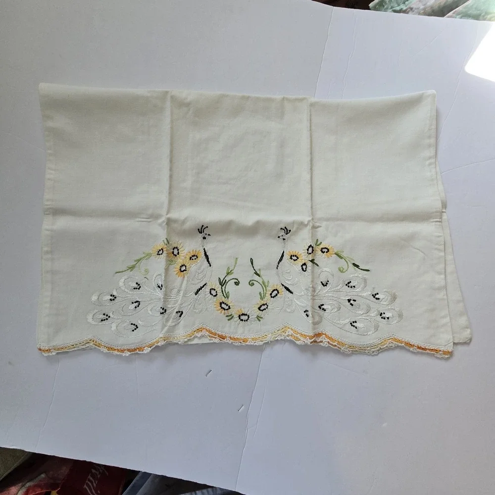 Vintage Embroidered Peacock Yellow Crocheted Edge Cotton Boho Cottage Granny
